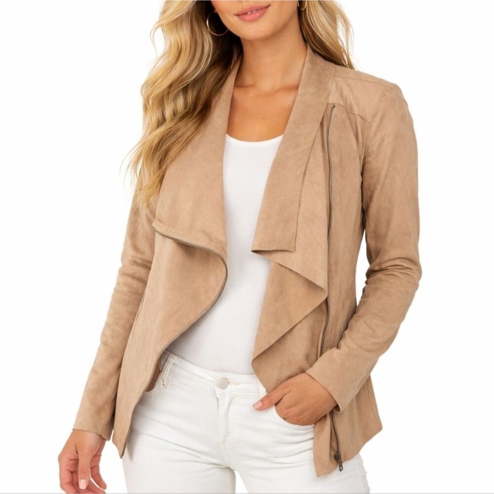 MOTE Moto Jacket Faux Brown Suede Long Sleeve Waterfall Front Zip Size M